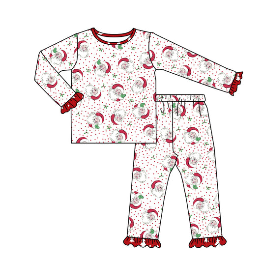 (Pre-order)GLP1370 Santa Holly Print Girls Christmas Pajamas Clothes Set