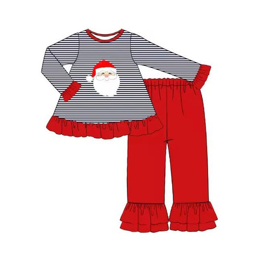 (Pre-order)GLP1372 Santa Stripes Tunic Top Red Pants Girls Christmas Clothes Set