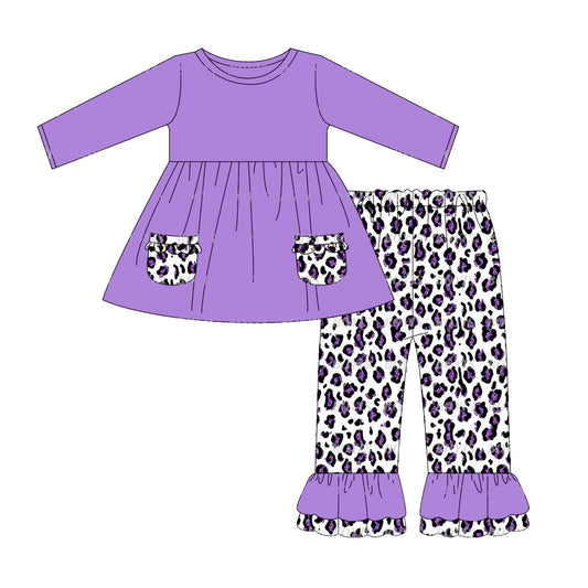 (Pre-order)GLP1374 Purple Pockets Tunic Top Leopard Pants Girls Fall Clothes Set