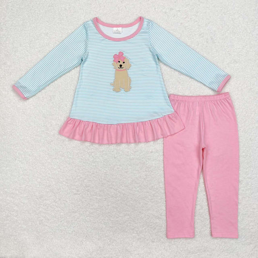 GLP1376 Dog Embroidery Stripes Top Pink Pants Boys Fall Clothes Set