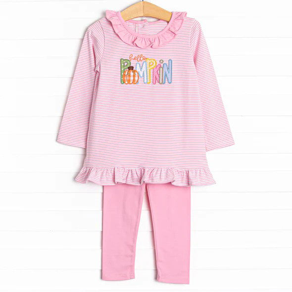 (Custom Design Preorder MOQ 5) Hello Pumpkin Pink Tunic Top Legging Pants Girls Fall Clothes Set