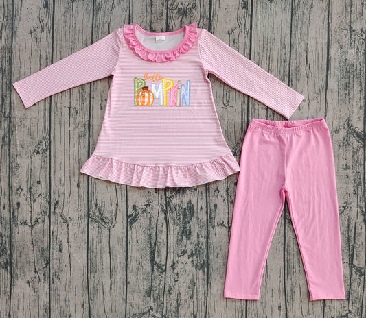 (Custom Design Preorder MOQ 5) Hello Pumpkin Pink Tunic Top Legging Pants Girls Fall Clothes Set