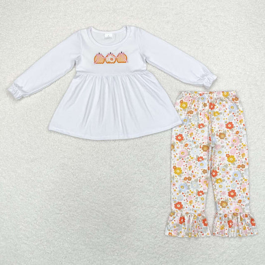 GLP1378 Pumpkin Embroidery White Tunic Top Flowers Pants Girls Fall Clothes Set