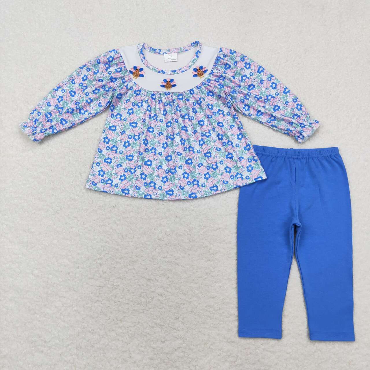 GLP1379 Turkey Embroidery Flowers Tunic Top Blue Legging Pants Girls Thanksgiving Clothes Set