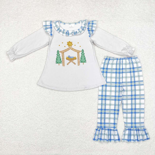 GLP1381 Nativity Tunic Top Blue Plaid Pants Girls Christmas Clothes Set