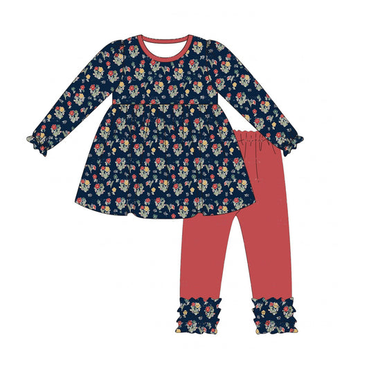 (Pre-order)GLP1382 Flowers Tunic Top Red Legging Pants Girls Fall Clothes Set