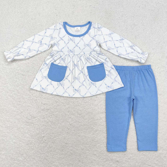 GLP1383 Blue Bows Tunic Top Legging Pants Girls Fall Clothes Set