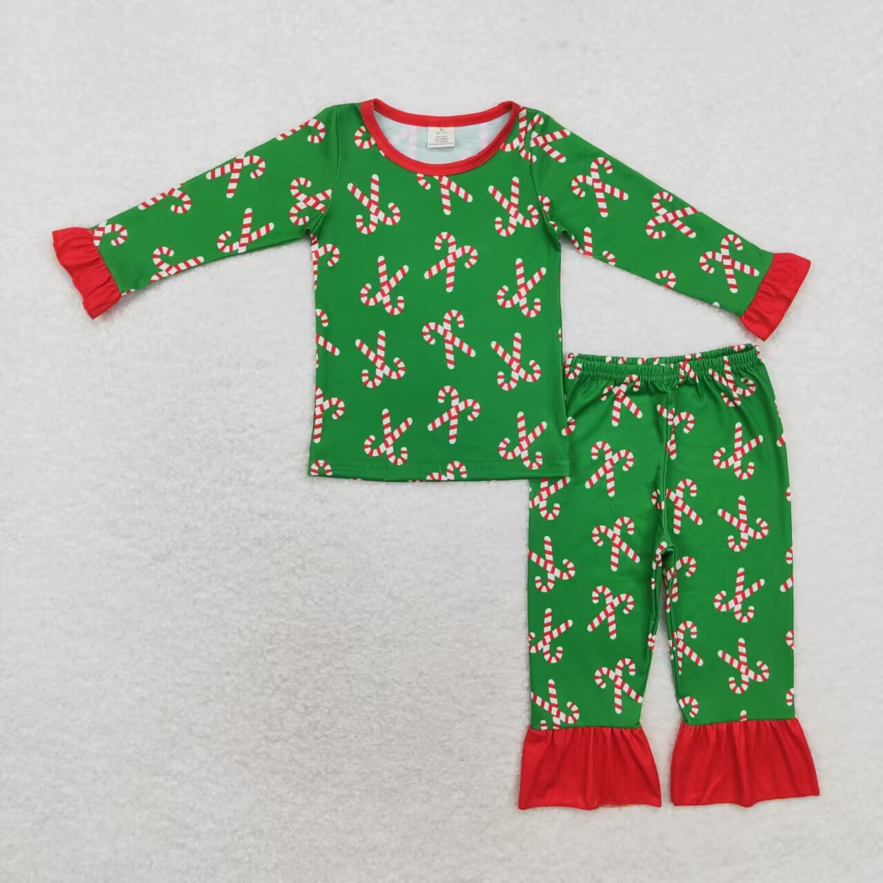 GLP1387 Candy Cane Green Print Girls Christmas Bamboo Pajamas Clothes Set