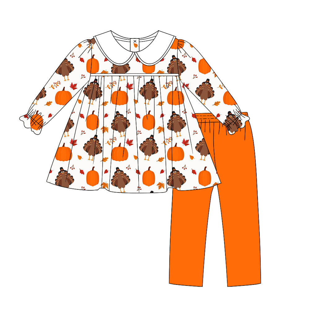 (Pre-order)GLP1390 Pumpkin Turkey Tunic Top Orange Pants Girls Thanksgiving Clothes Set