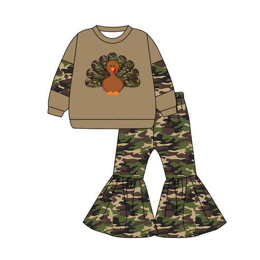 (Pre-order)GLP1391 Turkey Top Camo Bell Pants Girls Thanksgiving Clothes Set