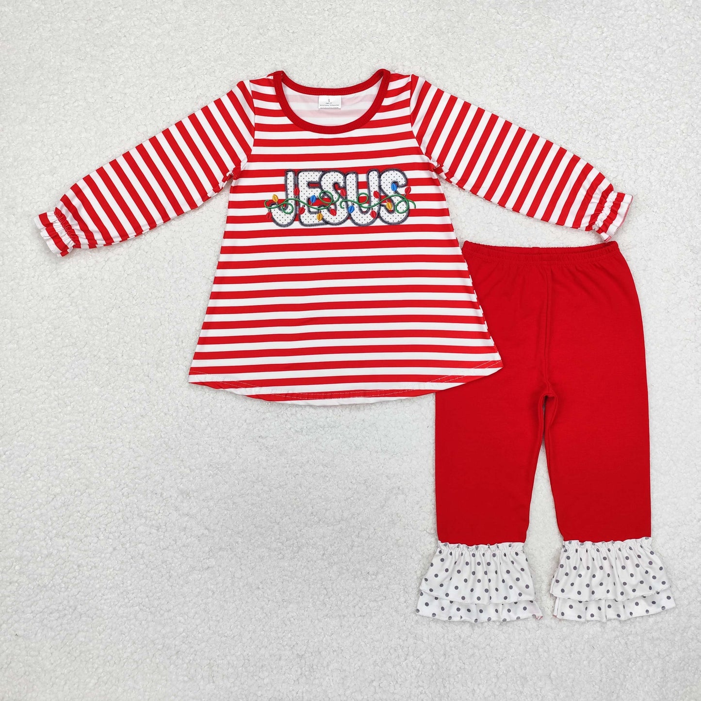 GLP1392 Jesus Holiday Lamp Lights Tunic Top Red Pants Girls Christmas Clothes Set