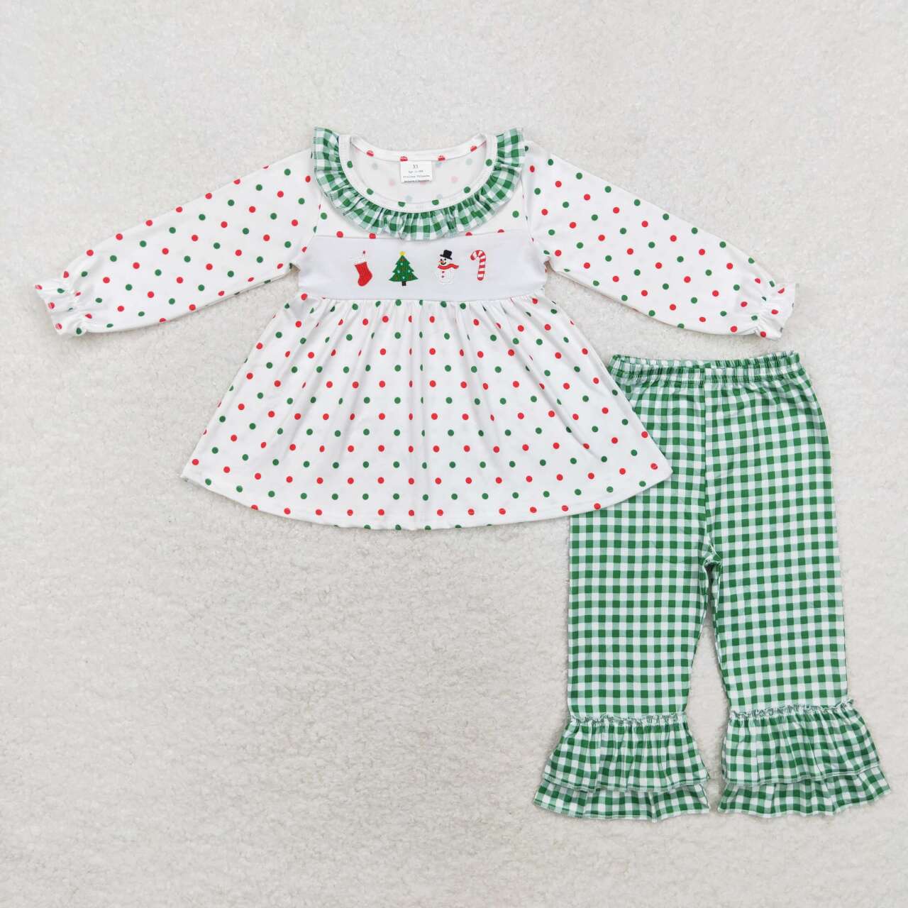 GLP1395 Snowman Embroidery Dots Tunic Top Plaid Pants Girls Christmas Clothes Set