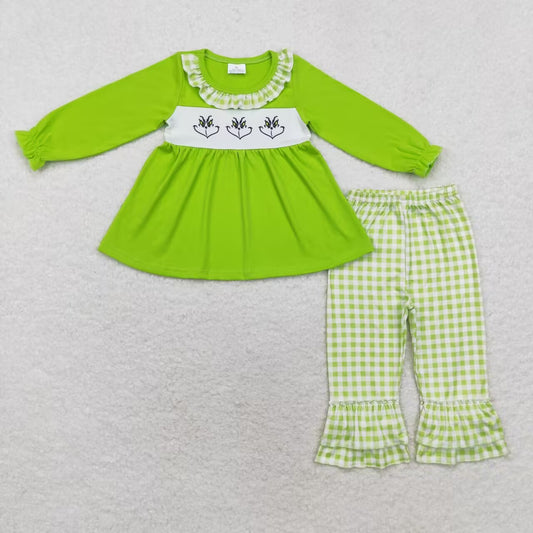 GLP1399 Frog Face Green Tunic Top Plaid Pants Girls Christmas Clothes Set