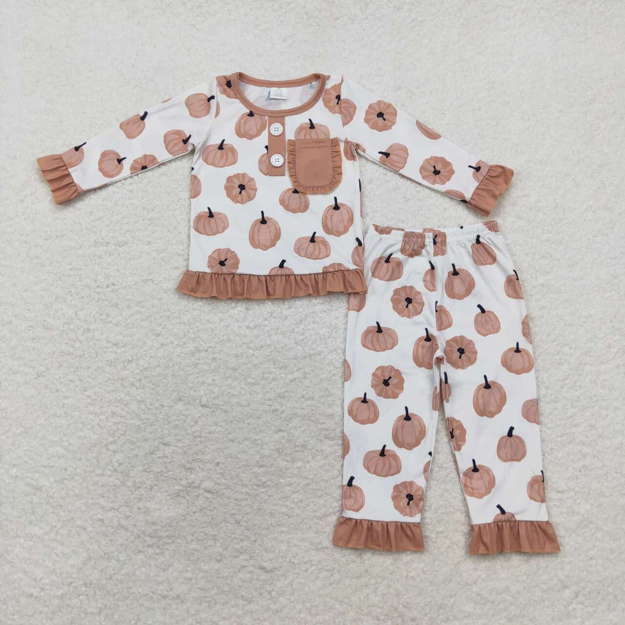 GLP1402 Pumpkin Print Pocket Girls Fall Bamboo Pajamas Clothes Set