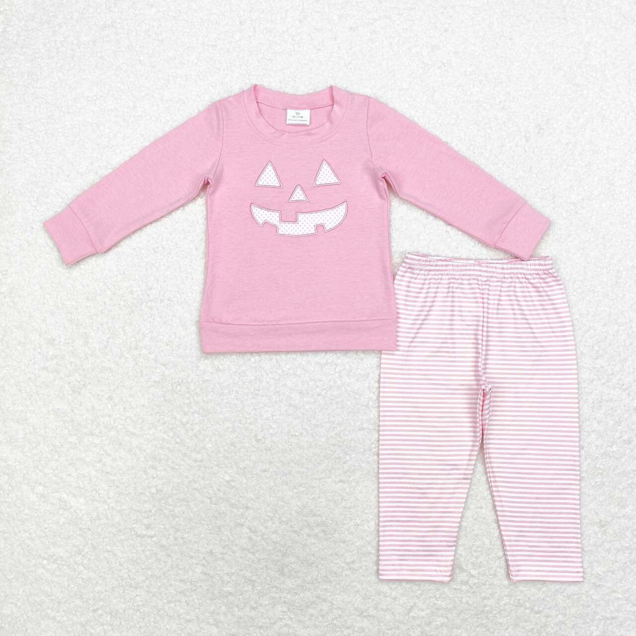 GLP1403 Smiling Face Embroidery Pink Top Stripes Pants Girls Halloween Clothes Set