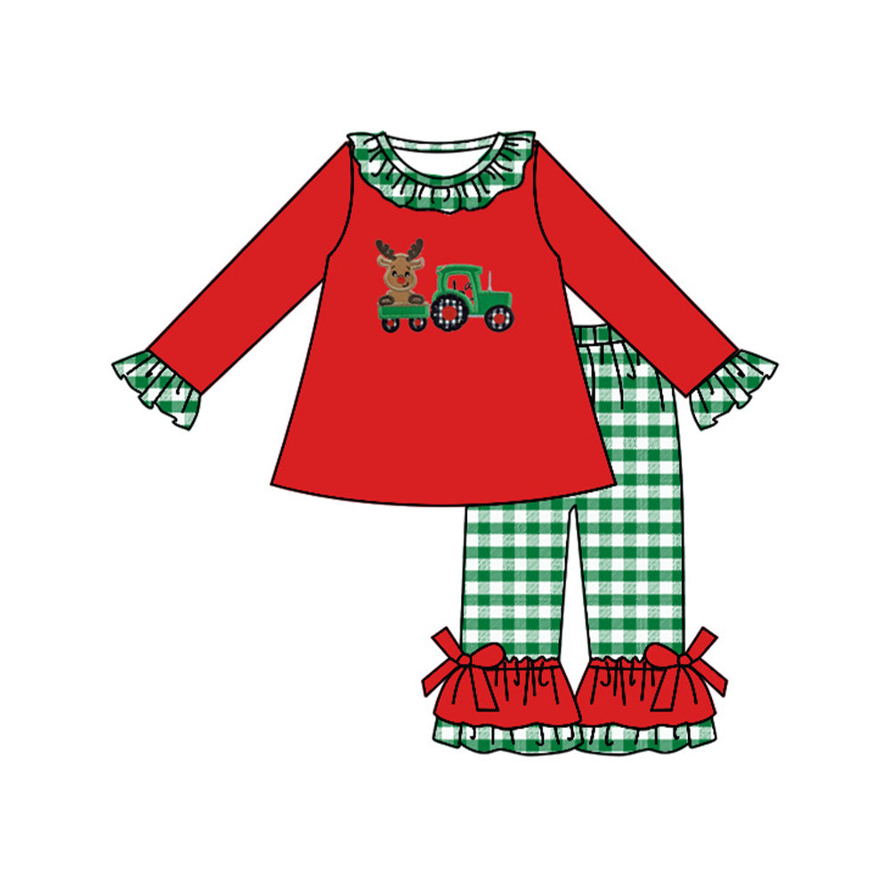 (Pre-order)GLP1404 Tractors Deer Tunic Top Plaid Pants Girls Christmas Clothes Set