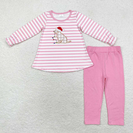 GLP1826 Dog Lights Stripes Top Pink Pants Girls Christmas Clothes Set