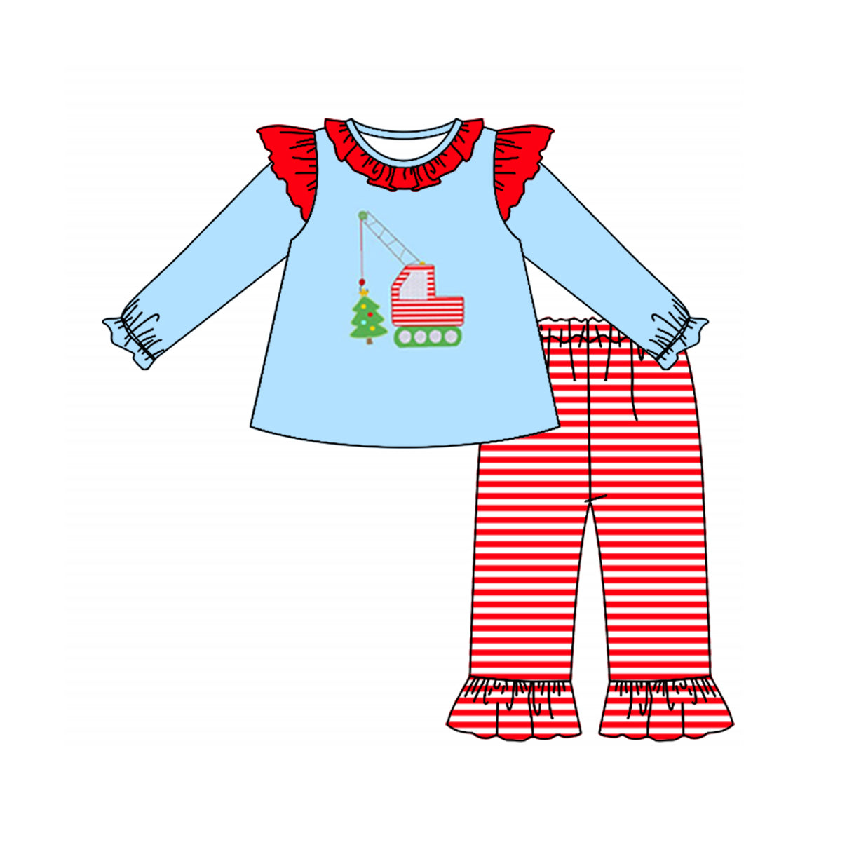 (Pre-order)GLP1405 Truck Christmas Tree Tunic Top Stripes Pants Girls Christmas Clothes Set