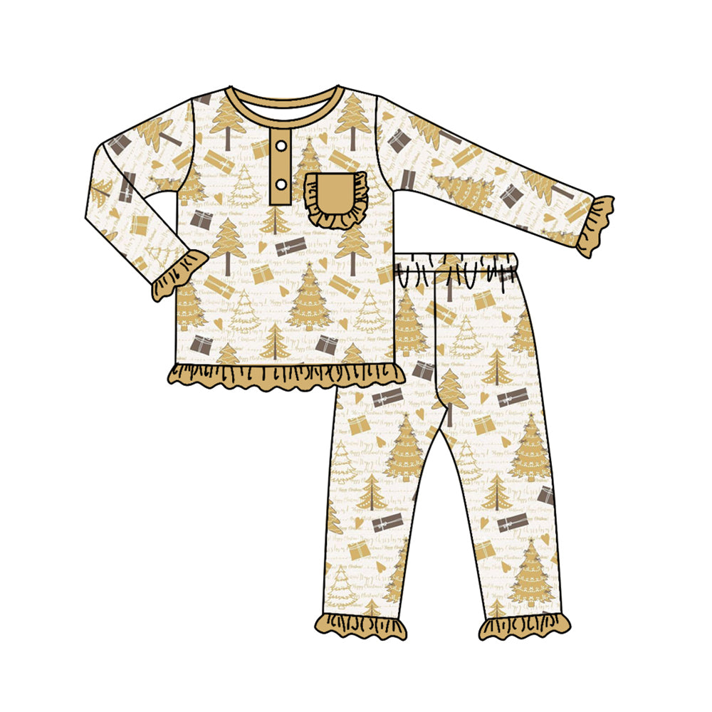 (Pre-order)GLP1407 Gold Christmas Tree Print Pocket Girls Pajamas Clothes Set