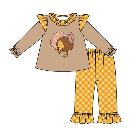 (Pre-order)GLP1410 Turkey Top Plaid Pants Girls Thanksgiving Clothes Set