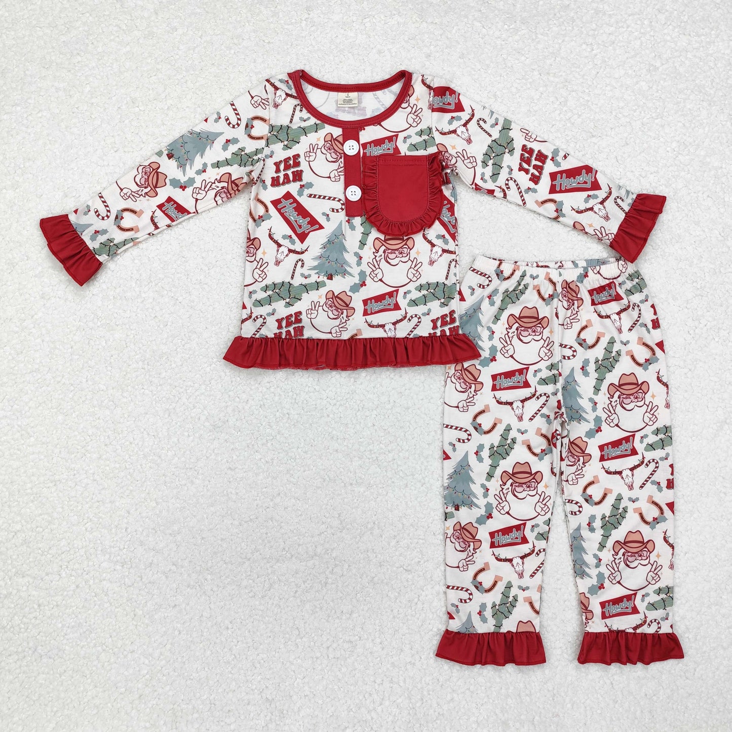 GLP1414 Howdy Santa Print Pocket Girls Christmas Bamboo Pajamas Clothes Set