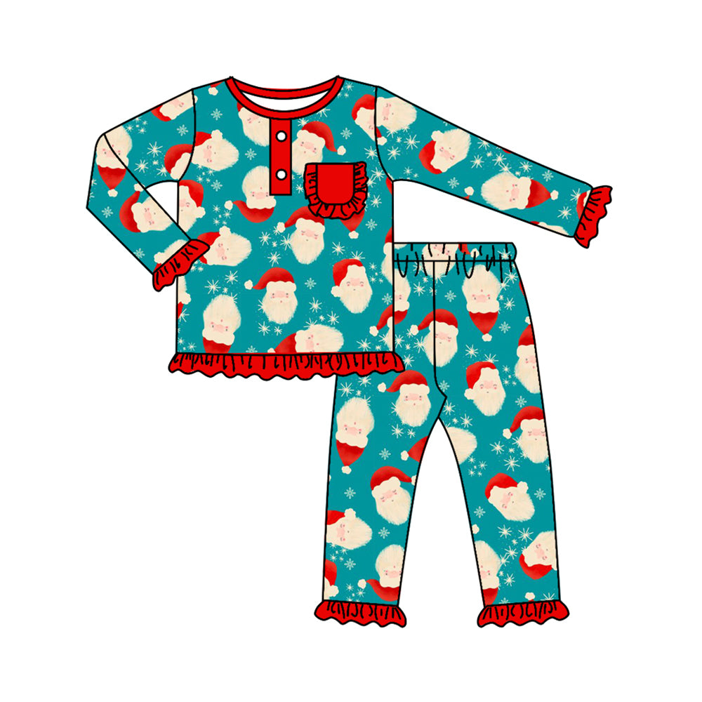 (Pre-order)GLP1415 Snowflake Santa Print Pocket Girls Christmas Pajamas Clothes Set