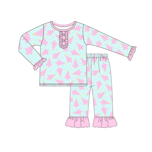 (Pre-order)GLP1420 Pink Christmas Tress Print Girls Pajamas Clothes Set