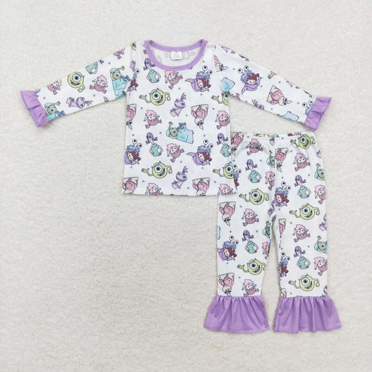 GLP1424 Cartoon Monster Print Girls Fall Bamboo Pajamas Clothes Set