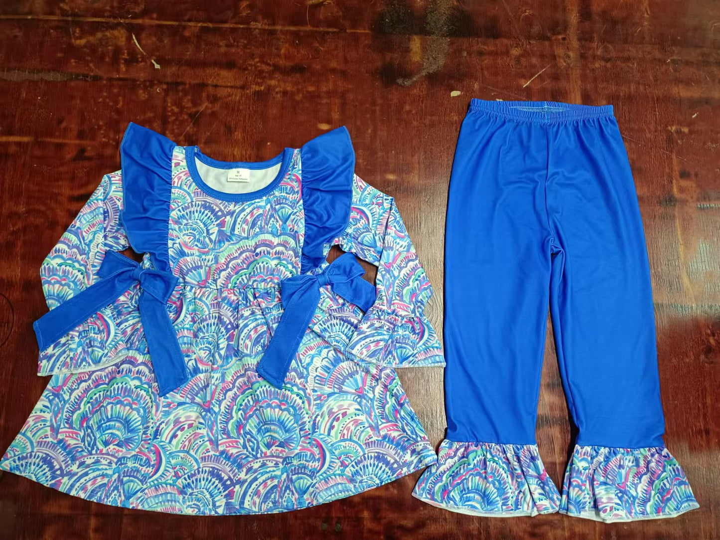 (Custom Design Preorder MOQ 3)  Shell Tunic Top Blue Pants Girls Fall Clothes Set