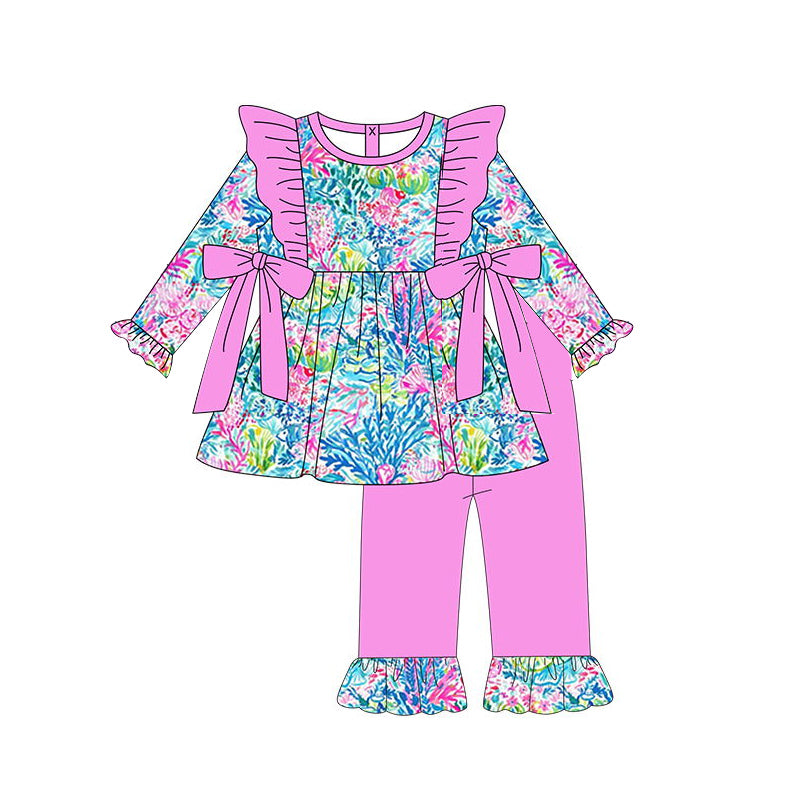 (Pre-order)GLP1429  Colorful Flowers Seaweed Tunic Top Pink Pants Girls Fall Clothes Set
