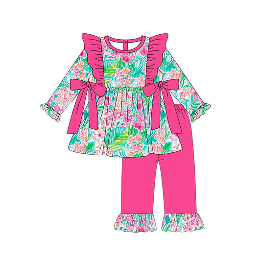 (Pre-order)GLP1430  Hotpink Flowers Tunic Top Ruffle Pants Girls Fall Clothes Set