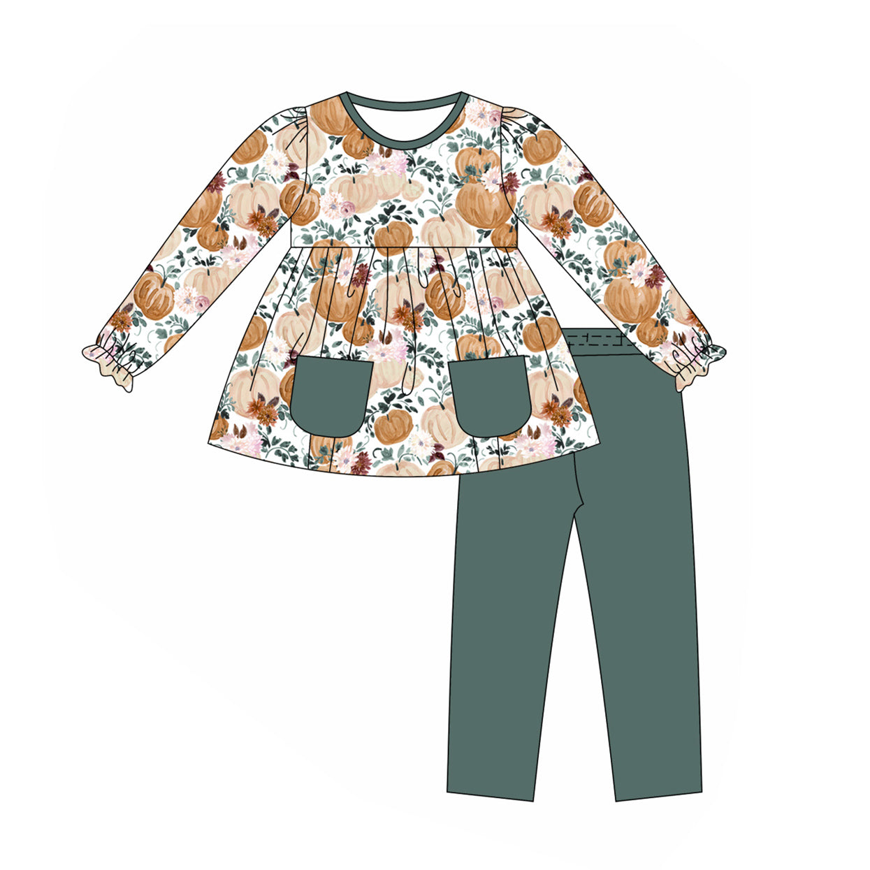 (Pre-order)GLP1432  Pumpkin Flowers Tunic Top Green Legging Pants Girls Fall Clothes Set