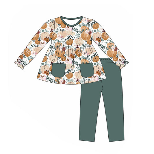 (Pre-order)GLP1432  Pumpkin Flowers Tunic Top Green Legging Pants Girls Fall Clothes Set