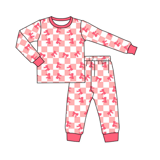 (Pre-order)GLP1433 Bows Pink Plaid Print Girls Fall Pajamas Clothes Set