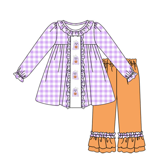 (Pre-order)GLP1434  Ghost Pumpkin Purple Plaid Tunic Top Orange Pants Girls Halloween Clothes Set