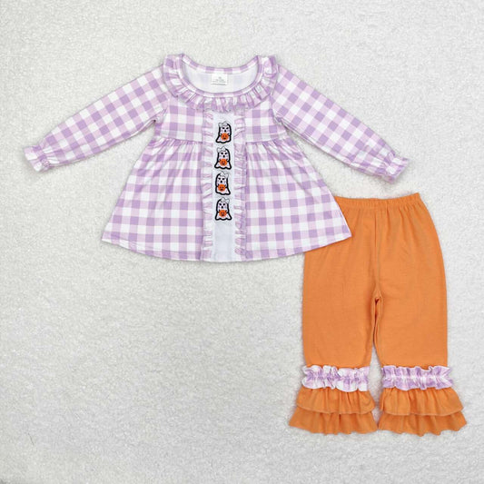 GLP1434  Ghost Pumpkin Embroidery Purple Plaid Tunic Top Orange Pants Girls Halloween Clothes Set