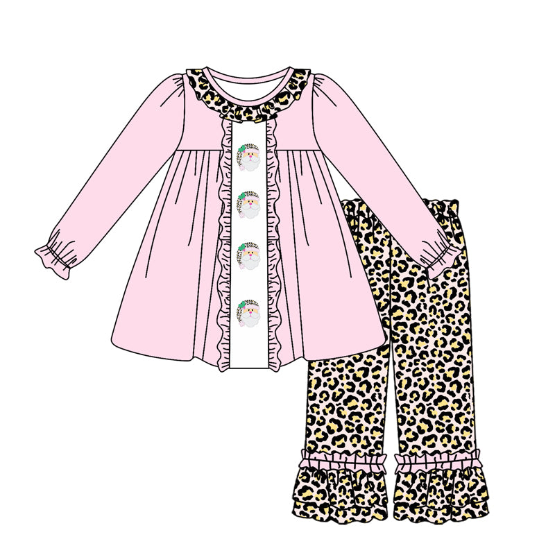 (Custom Design Preorder MOQ 5)  Santa Pink Tunic Top Leopard Pants Girls Christmas Clothes Set