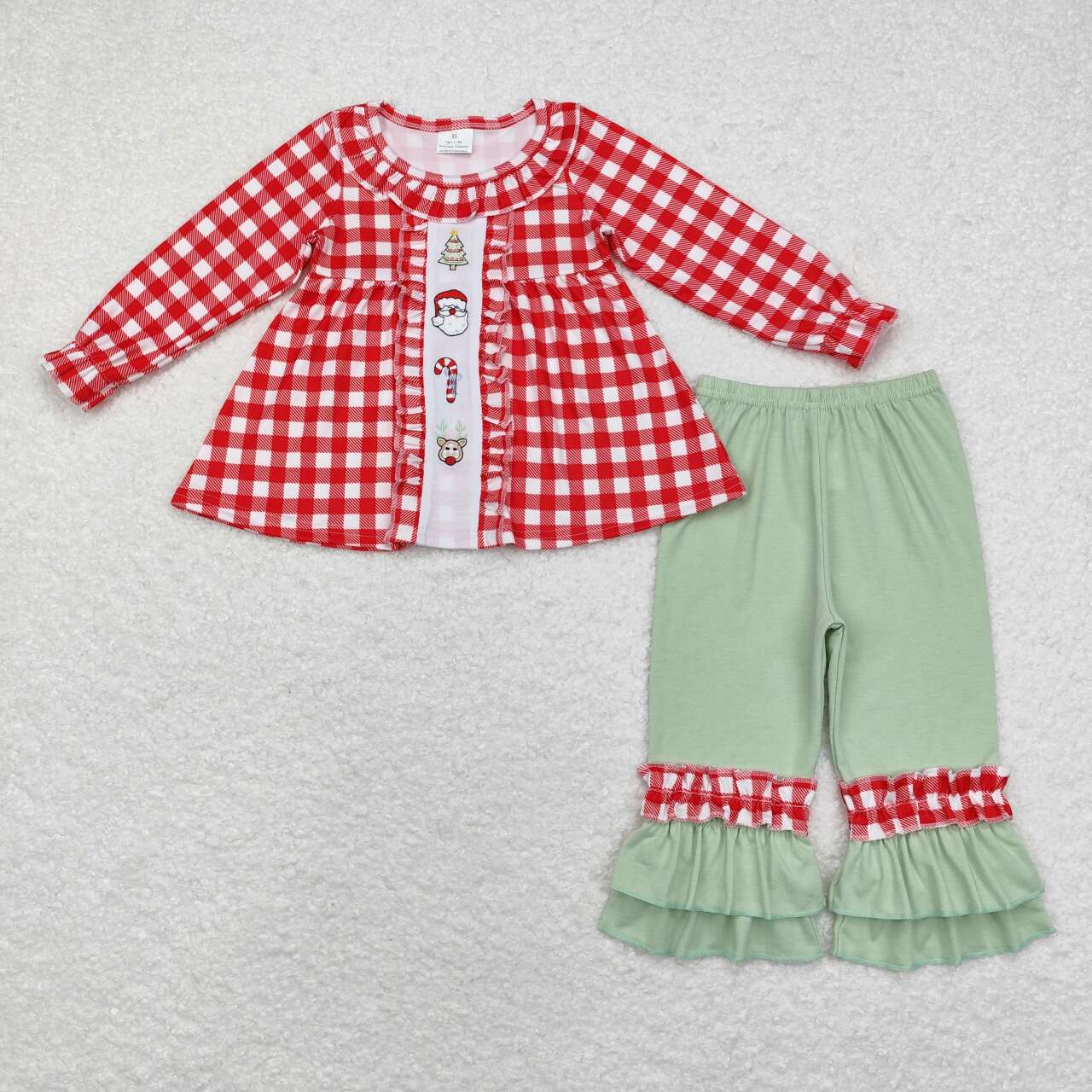 GLP1439  Santa Candy Cane Embroidery Plaid Tunic Top Green Pants Girls Christmas Clothes Set