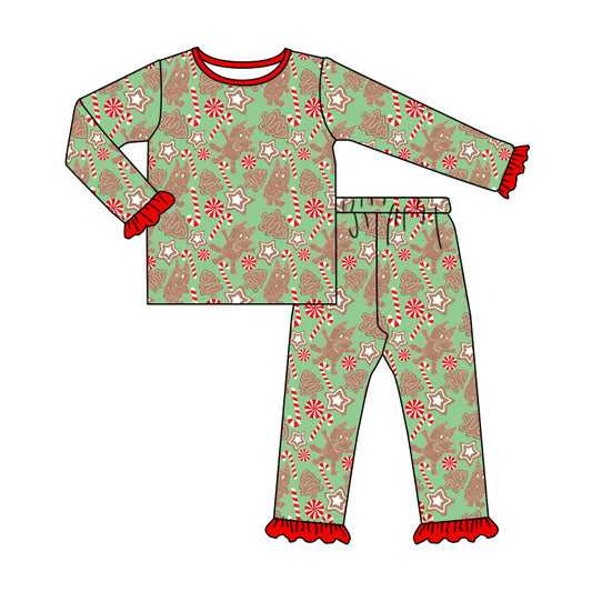 (Pre-order)GLP1440 Cartoon Dog Candy Cane Print Girls Christmas Pajamas Clothes Set