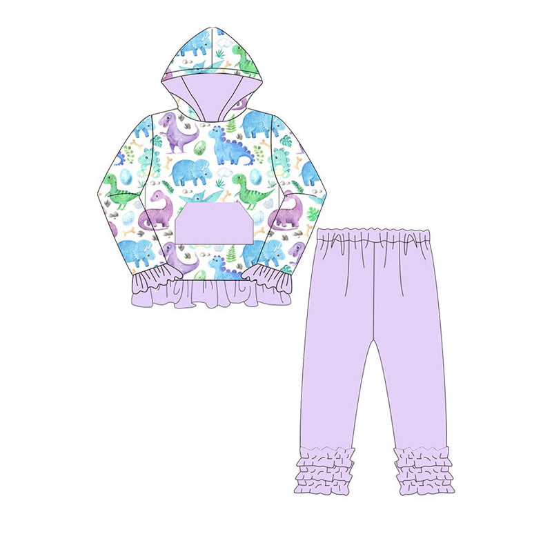 (Pre-order)GLP1441  Dino Hoodie Top Purple Pants Girls Fall Clothes Set
