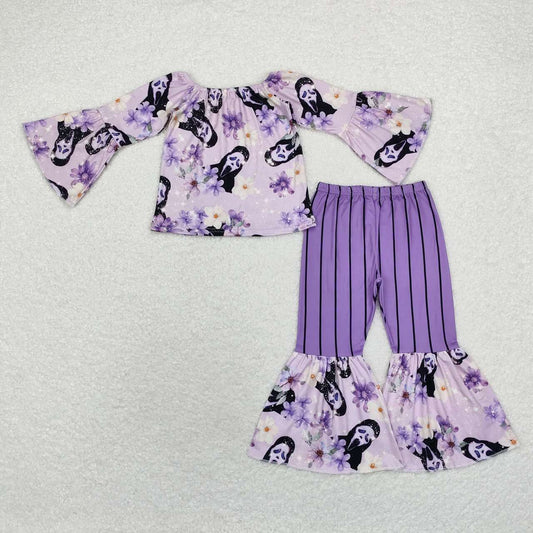 GLP1448  Flowers Ghost Top Purple Bell Pants Girls Halloween Clothes Set