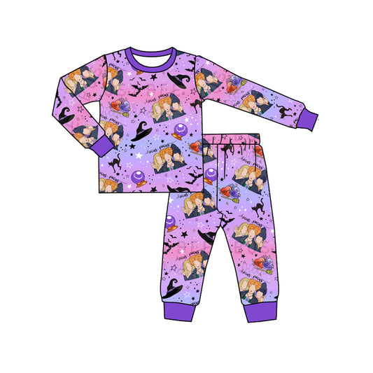 (Pre-order)GLP1449 Witches Purple Print Girls Halloween Pajamas Clothes Set