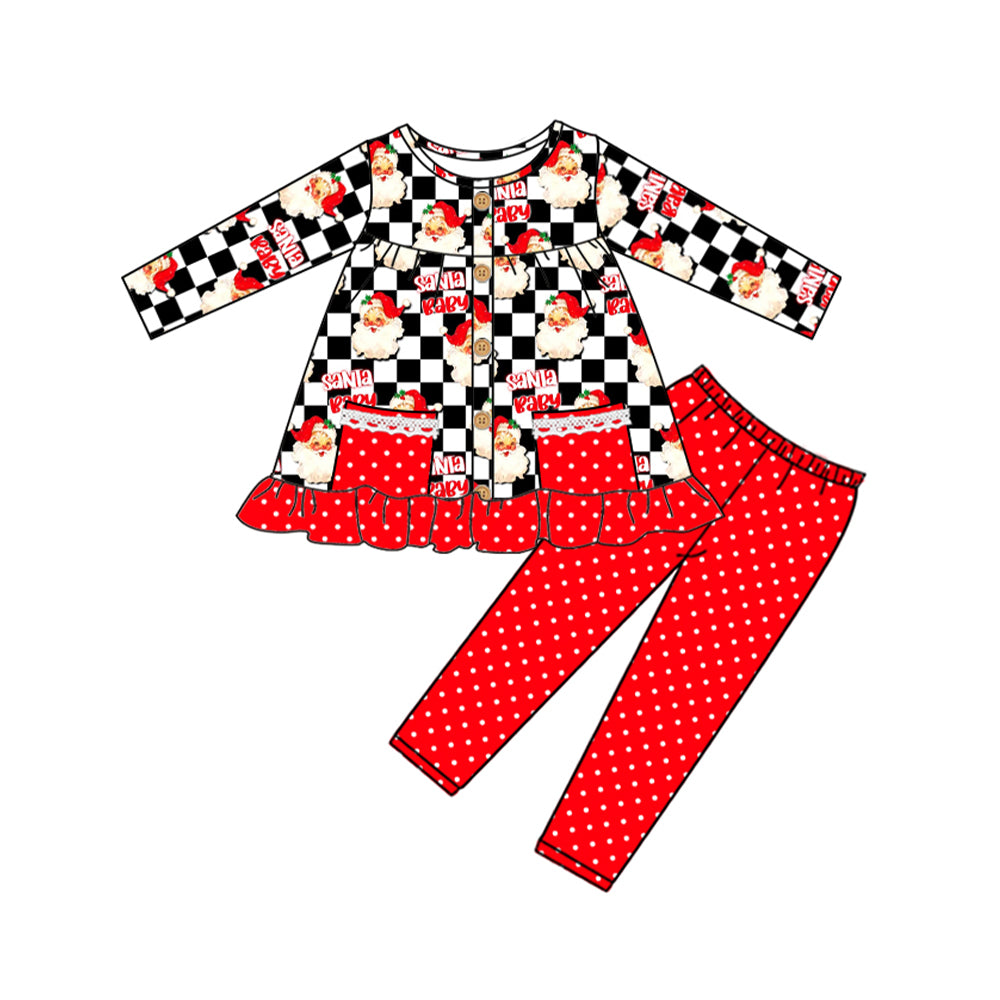 (Pre-order)GLP1452  Sanat Plaid Tunic Top Red Dots Pants Girls Christmas Clothes Set