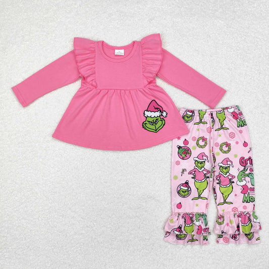 GLP1453 Green Frog Embroidery Pink Tunic Top Ruffle Pants Girls Christmas Clothes Set