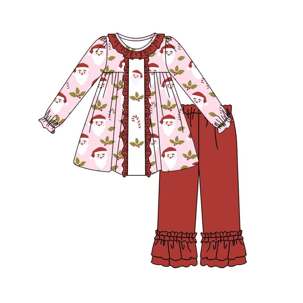 (Pre-order)GLP1454  Santa Holly Candy Cane Tunic Top Red Pants Girls Christmas Clothes Set