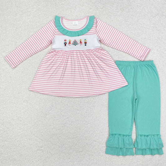 GLP1455  Nutcracker Embroidery Stripes Tunic Top Green Pants Girls Christmas Clothes Set