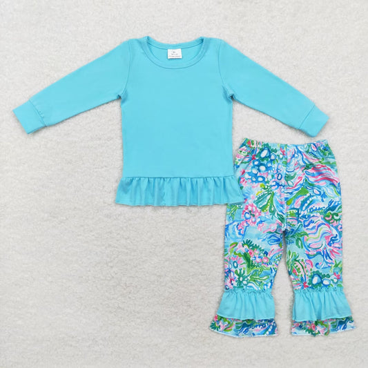 GLP1458 Blue Top Seaweed Flowers Pants Girls Fall Clothes Set