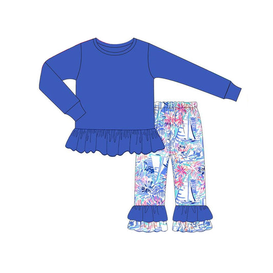 (Pre-order)GLP1459 Blue Top Sailboat Pants Girls Fall Clothes Set