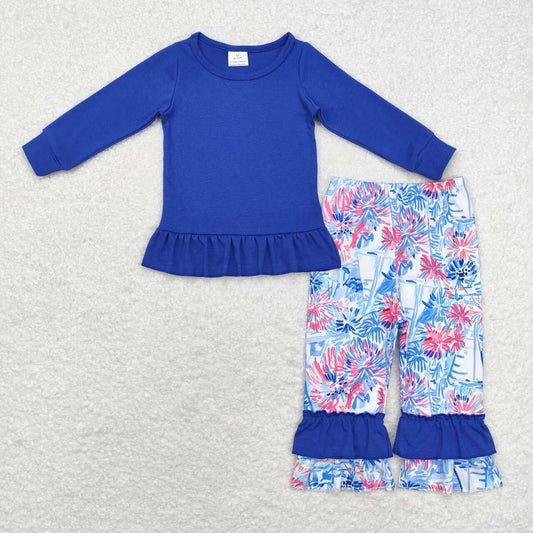 GLP1459 Blue Top Sailboat Flowers Pants Girls Fall Clothes Set