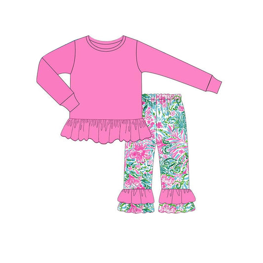 (Pre-order)GLP1461 Hotpink Top Flowers Seaweed Pants Girls Fall Clothes Set